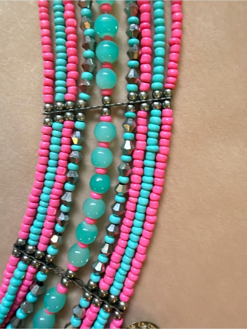 Beaded Statement Necklace - Turquoise & Hot Pink - Unbranded - Picture 2 of 3